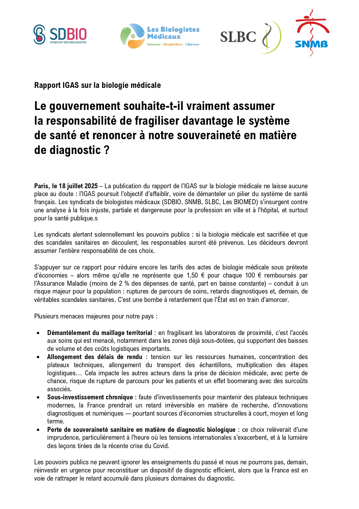 Rapport IGAS sur la biologie médicale